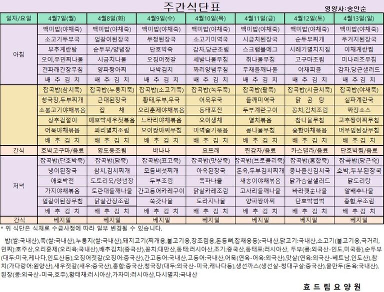 04/07 ~ 04/13[식단표]