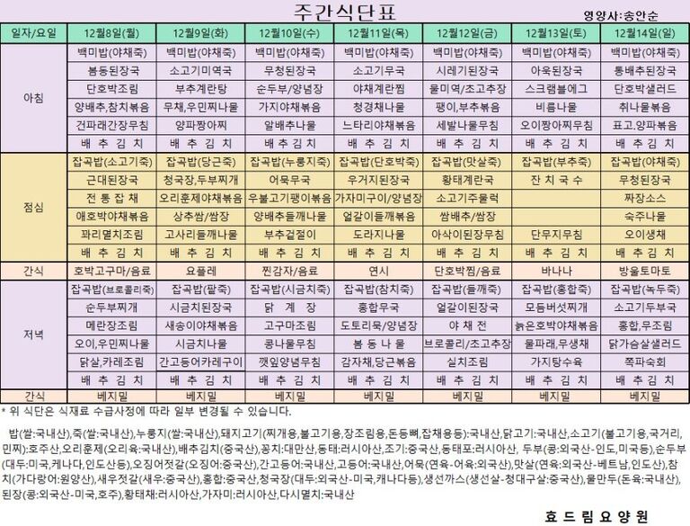  12/08 ~ 12/14[식단표]