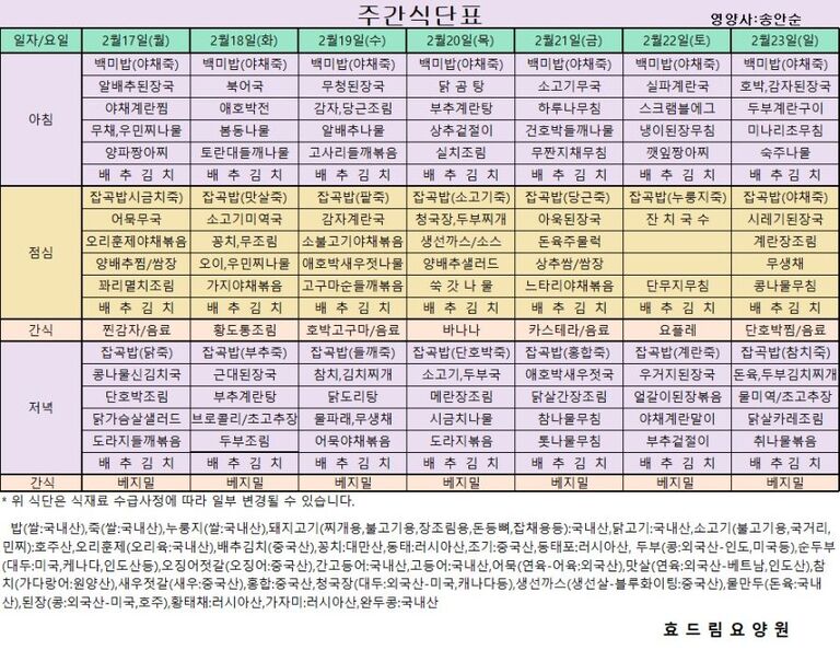 [수정]02/17 ~ 02/23[식단표]