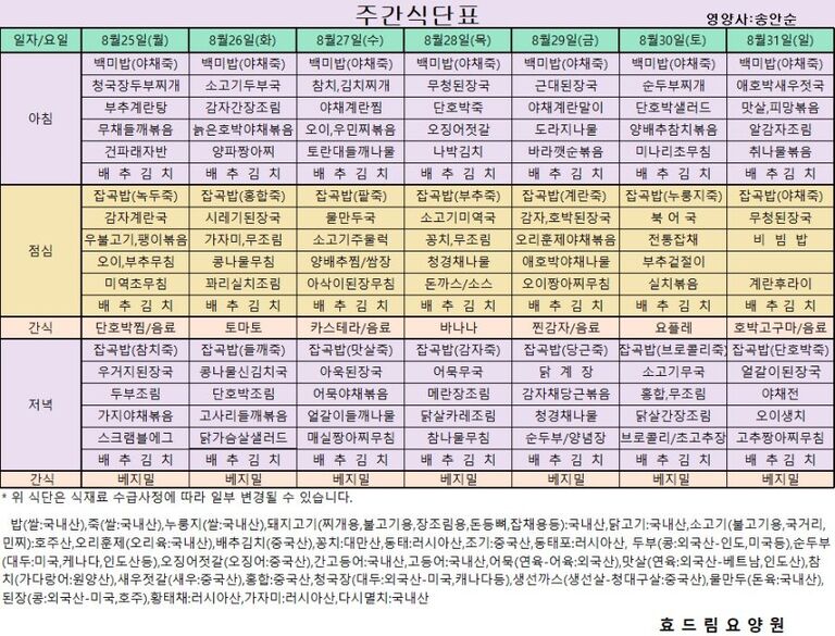 08/25 ~ 08/31[식단표]